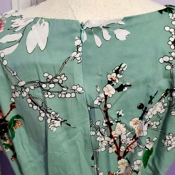 Owin Teal Green Floral Jackie O 60s Sleeveless Fit & Flare Pinup Midi Dress - Picture 8 of 11